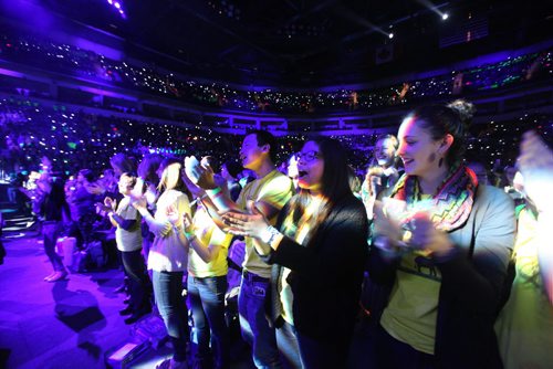 High School students from Vincent Massey Collegiate take part in the  events  of the  3rd annual We Day events at MTS Centre Wednesday morning. October 30,  2013 Ruth Bonneville / Winnipeg Free Press