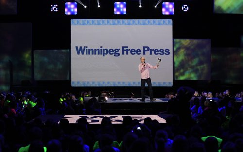 Winnipeg Free Press Editor Paul Samyn at the WE DAY event in the MTS Centre Wednesday.  Wayne Glowacki / Winnipeg Free Press Oct. 30 2013