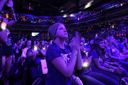 Students from H.C Avery School celebrate the events on stage at the  3rd annual We Day events at MTS Centre Wednesday. October 30,  2013 Ruth Bonneville / Winnipeg Free Press