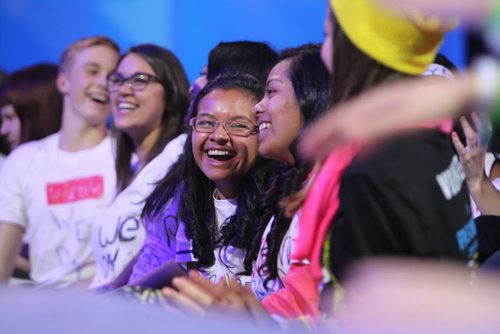 Students are all smiles and show their excitement during  the 3rd annual We Day events at MTS Centre Wednesday morning. October 30,  2013 Ruth Bonneville / Winnipeg Free Press