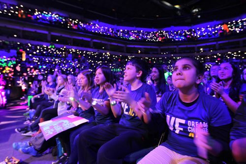 Students from H.C Avery School celebrate the events on stage at the  3rd annual We Day events at MTS Centre Wednesday. October 30,  2013 Ruth Bonneville / Winnipeg Free Press