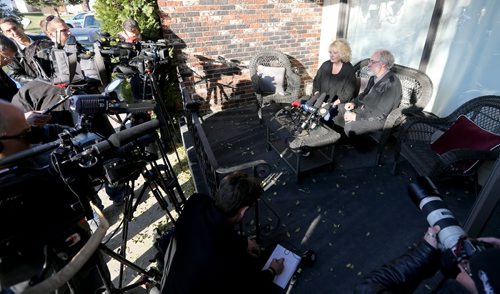Wilma and Cliff Derksen address the media after accused killer Mark Grant had his guilty verdict overturned in the murder of Candace Derksen, Wednesday, October 30, 2013. (TREVOR HAGAN/WINNIPEG FREE PRESS)