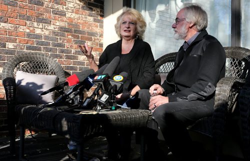 Wilma and Cliff Derksen address the media after accused killer Mark Grant had his guilty verdict overturned in the murder of Candace Derksen, Wednesday, October 30, 2013. (TREVOR HAGAN/WINNIPEG FREE PRESS)