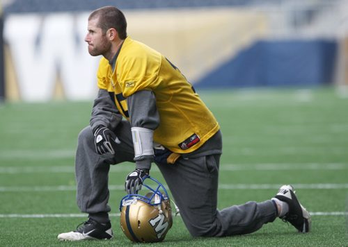 Winnipeg Blue Bombers QB Max Hall takes a break Thursday from practice-The team will play their final game of the 2013 season this Saturday against the Hamilton Tiger-Cats-  See Paul Wiecek story- Oct 31, 2013   (JOE BRYKSA / WINNIPEG FREE PRESS)