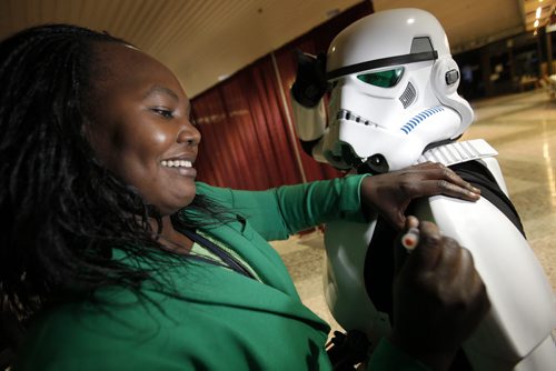 November 1, 2013 - 131101  -  Margaret Juan, public health nurse, pretends to give James Antoine, dressed as a Star Wars storm trooper, a flu vaccination at the WRHA flu clinic at Comic Con at the Convention Centre Friday, November 1, 2013. John Woods / Winnipeg Free Press