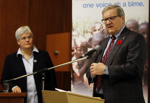 Dr. Lloyd Axworthy will chair the fundraising efforts , left is Christine Melnick MLA for Riel -Panzi Foundation is launching a major fundraiser to reach out to victims of rape in the Eastern Republic of Congo where 2million women have been victims of rape used as a weapon of war .Panzi Foundation , Make Music Matter and Graffiti  Art programing are partnering in the initiative - carol sanders story - Nov. 4 2013 / KEN GIGLIOTTI / WINNIPEG FREE PRESS