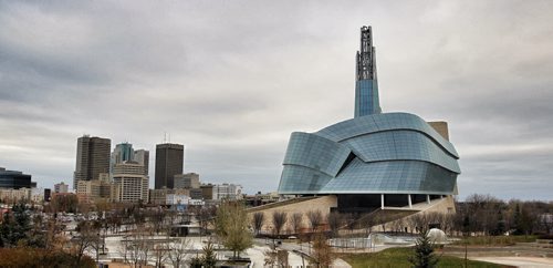Winnipeg's downtown skyline with the CMHR in the foreground. The CMHR will be opening September 20, 2014. 131104 - November 4, 2013 MIKE DEAL / WINNIPEG FREE PRESS
