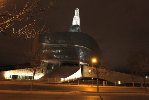 A photo of the Human Rights Museum at night. BORIS MINKEVICH / WINNIPEG FREE PRESS  November 4, 2013 CMHR