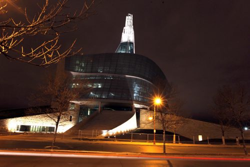 A photo of the Human Rights Museum at night. BORIS MINKEVICH / WINNIPEG FREE PRESS  November 4, 2013 CMHR