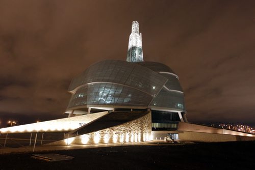 A photo of the Human Rights Museum at night. BORIS MINKEVICH / WINNIPEG FREE PRESS  November 4, 2013 CMHR