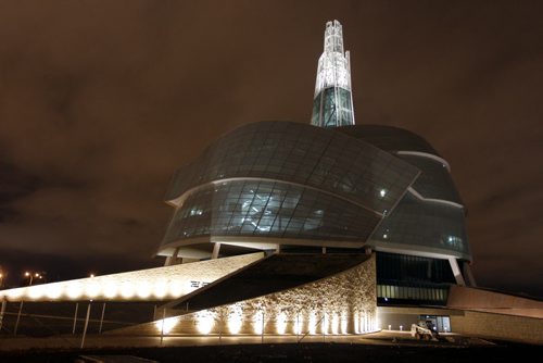 A photo of the Human Rights Museum at night. BORIS MINKEVICH / WINNIPEG FREE PRESS  November 4, 2013 CMHR