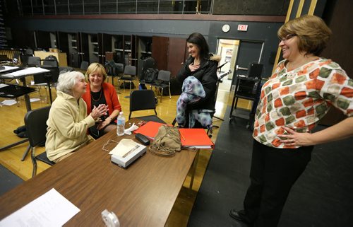 From left, Kay Tworek and her daughter, Glenlawn Collegiate community liaison worker Margaret Lapenskie, chat with playwright Rebecca Gibson and play director and Glenlawn fine arts department head Anita Skene during rehearsal on Mon., Nov. 4, 2013, for the Glenlawn Collegiate Remembrance Day production of ÄòPig DogÄô, which is based on the Second World War experiences of the 86-year-old Tworek whose Polish family harboured Royal Canadian Air Force pilot Jack Duggan. Photo by Jason Halstead/Winnipeg Free Press