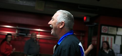 Dan Cady laughs during a game of darts at the St. James Legion off Portage. Legions story by Mary Agnes 131016 - Wednesday, October 16, 2013 - (Melissa Tait / Winnipeg Free Press)