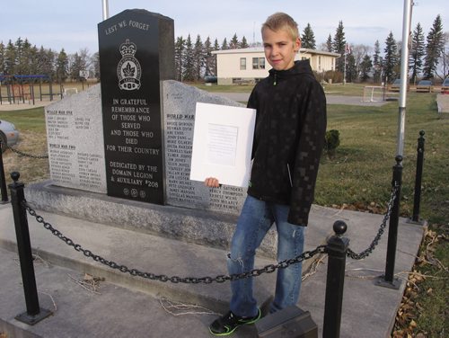 Canstar Community News Oct. 31, 2013 - Domain Grade 6 student Nicholas Enns won a Royal Canadian Legion contest with his poem entitled Lest We Forget. (ANDREA GEARY/CANSTAR COMMUNITY NEWS)