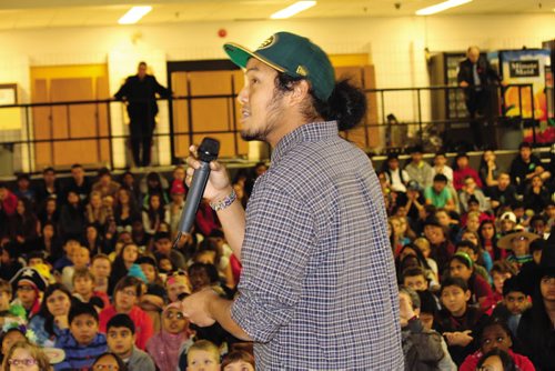 Canstar Community News Chris Tse speaks to hundreds of students at Arthur A. Leach School about Free The Children and how they can each make a positive difference in the world. (JORDAN THOMPSON)
