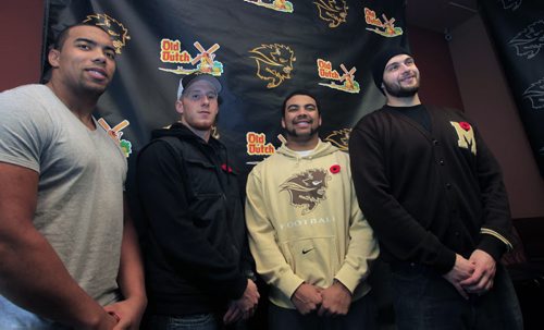 Four of the five University of Manitoba Bison Football players named to the 2013 Canada West Football All-Star Team, from left  Evan Gill, Jordan Yantz, Nic Demski and Alex McKay at press conference Wednesday.   Missing is Anthony Coombs.  Melissa Martin story  Wayne Glowacki / Winnipeg Free Press Nov. 6. 2013
