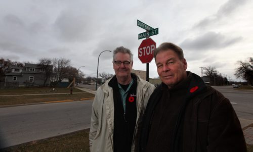 Dr. Lorne Canvin, local podiatrist, and Blaine  McVety  (Beige Coate) of Blaine's Books who are spearheading a move to build a memorial on  the corner of Main street and  Dufferin Avenue in Selkirk  which is the start of a block of Dufferin Ave.  where 29 men enlisted at one time in the Second World War, thought to be a recordSee Bill Redekop's story.  November 06,,  2013 Ruth Bonneville / Winnipeg Free Press