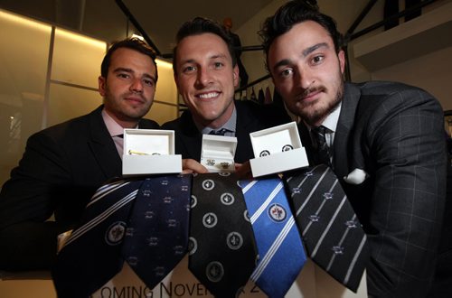 EPH Apparel at 291 Garry Street has just signed a deal with the Jets to provide five styles of ties, two pairs of cufflinks and one tie clip to Jets Gear stores. Left to right co-owners Macick Hunek, Andrew Parkes and Alex Ethans pose with some of the merchandise. See Geoff Kirbyson's story. November7, 2013 - (Phil Hossack / Winnipeg Free Press)