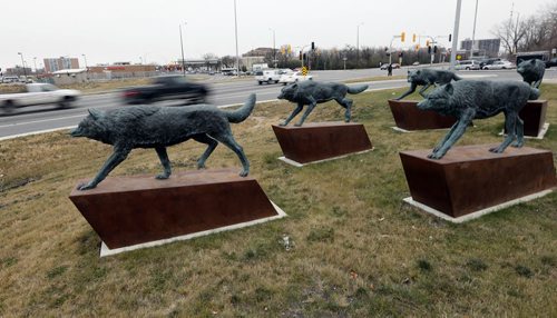 Street naming  column , Chief Peguis Trail , 5km expressway runs from Main St  to Henderson Hwy to Lagimodiere Blvd also known as Route 17 Äì pic with wolf pack bronze statues  at Henderson Hwy at Chief Peguis Trail . Nov. 7 2013 / KEN GIGLIOTTI / WINNIPEG FREE PRESS
