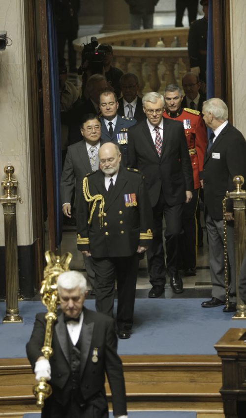 The procession with Manitoba Premier Greg Selinger at right and Lt.-Gov. Philip Lee enter the Manitoba Legislature Tuesday afternoon for the Speech from the Throne. Dan Lett/Bruce Owen/Larry Kusch  Wayne Glowacki / Winnipeg Free Press Nov. 12. 2013