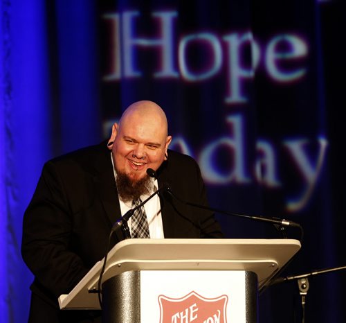 Stdup- In pic main speaker David Allan at the kick off  event the  9th Annual Salvation Army Hope in the City Breakfast at the RBC Convention Centre , 400 attended the fundraiser show cases valuable social programs like the Christmas Kettle Campaign , and 2013 Toy Mountain Campaign , the main breakfast  speaker is David Allan talks  about his tragic life and battle with addictions and how the Salvation Army was there for him and countless others .  Nov. 13 2013 / KEN GIGLIOTTI / WINNIPEG FREE PRESS