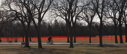 Stdup Warm Weather - Cyclists  take a spin through Assiniboine Park +10 degrees  as snow fences start appearing inside the park  Nov. 13 2013 / KEN GIGLIOTTI / WINNIPEG FREE PRESS