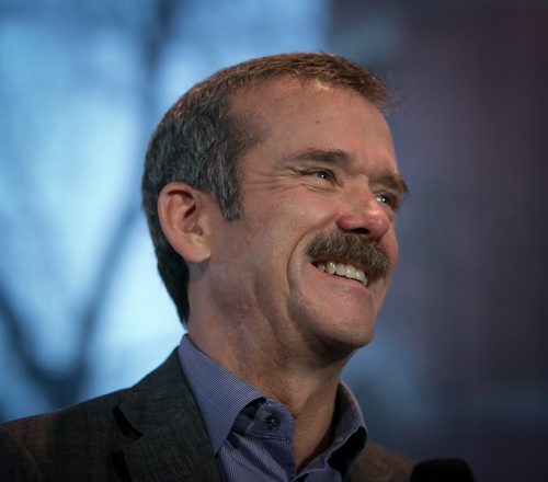 Col. Chris Hadfield laughs while discussing space flight at a packed Winnipeg Free Press News Café on Wednesday. The Canadian Astronaut gained fame aboard the International Space Station at the beginning of 2013. 131113 - Wednesday, November 13, 2013 - (Melissa Tait / Winnipeg Free Press)