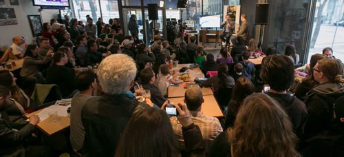 People packed the Winnipeg Free Press News Caf¾© on Wednesday to see Col. Chris Hadfield, the Canadian Astronaut who gained fame aboard the International Space Station at the beginning of 2013.  131113 - Wednesday, November 13, 2013 - (Melissa Tait / Winnipeg Free Press)