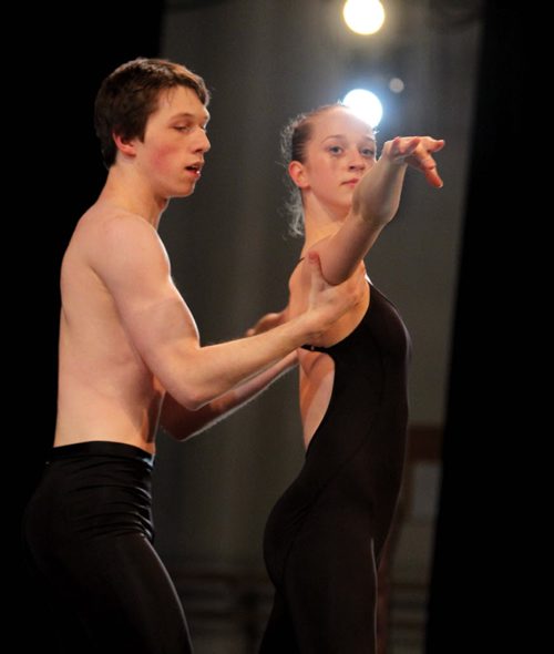 Ballet students Madeline Bez and Luke Thomson go through a dance in preperation of the company's Concert Hour Ballet, a 17 performance tour in schools and rural venues. They start the tour on December 2nd. BORIS MINKEVICH / WINNIPEG FREE PRESS  November 13, 2013
