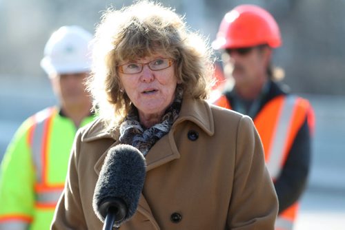Labour and Immigration Minister Erna Braun talks to the media at press conference Friday on the Leg grounds  announcing new legislation on speeding  through construction zones. See Bruce Owen for details November 15, 2013 Ruth Bonneville / Winnipeg Free Press