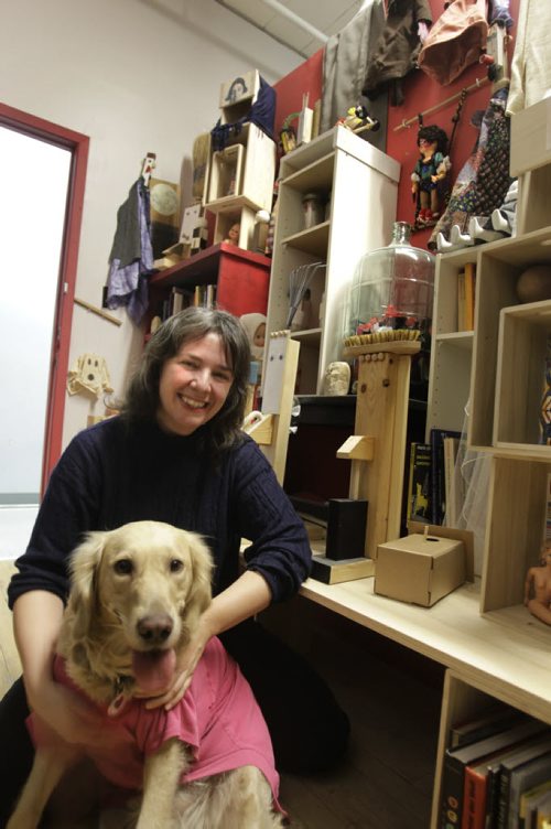 Sunday Xtra/ My PLace. Carolyn Gray, Executive Director Manitoba Writers' Guild with her dog Minnie at her favorite place in Winnipeg, the studio of the  Adhere and Deny avant garde object/puppet theatre at 315- 70 Albert Street.    Wayne Glowacki / Winnipeg Free Press Nov. 15. 2013