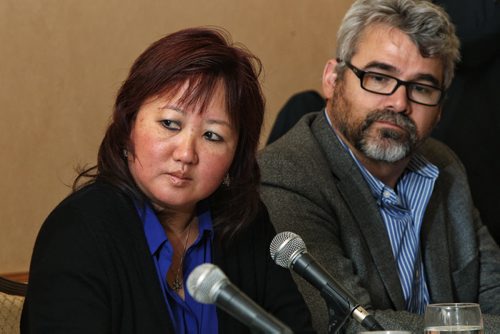 Carol Todd (left) mother of Amanda Todd and Glen Canning (right) father of Rehtaeh Parsons talk during an education symposium titled Child Sexual Exploitation in the Digital Age. After the symposium at an awards luncheon in the Fort Garry Hotel they were presented with the Rosalind Prober Award for Advocacy. 131118 November 18, 2013 Mike Deal / Winnipeg Free Press