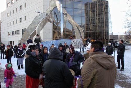 Around one-hundred protesters gathered outside the Law Courts building at York Avenue and Kennedy Street over the lunch hour to protest injustices towards Aboriginal women.  131118 - November 18, 2013 MIKE DEAL / WINNIPEG FREE PRESS