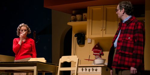 Sharon Bajer as Ralphie's mom sniffs the soap while Rob McLaughlin as adult Ralphie and narrator watches. A Christmas Story based on the iconic film from 1983 plays at MTC until November 21 - December 14.  131119 - Tuesday, November 19, 2013 - (Melissa Tait / Winnipeg Free Press)