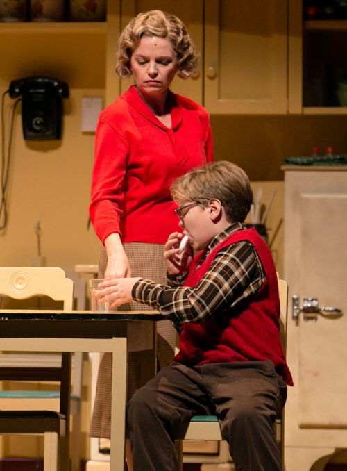 Sharon Bajer as Ralphie's mom and Ben McIntyre-Ridd as Ralphie during the soap punishment scene. A Christmas Story based on the iconic film from 1983 plays at MTC until November 21 - December 14.  131119 - Tuesday, November 19, 2013 - (Melissa Tait / Winnipeg Free Press)