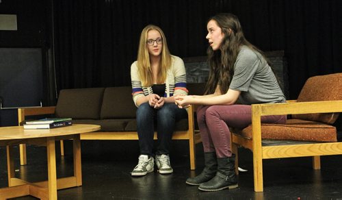 Oak Park Collegiate students Samantha Harvey (left) and Chelsey Grewar (right) perform in a skit during the launch of MPI's Friends for Life speaker series which brought to the school Joan Parson whose life was dramatically change when her son was killed by a drunk driver and then a few years later another drunk driver killed her sister and brother-in-law.    131120 - November 20, 2013 MIKE DEAL / WINNIPEG FREE PRESS