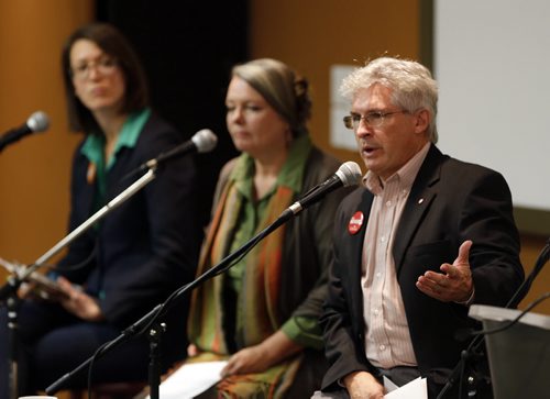Provencher area By- Election debate Otterburn in Providence College , with LtoR  , NDP Natalie  Courcelles Beaudry , Green Party's  Janine Gibson   ,speaking is Liberal's  Terry Hayward ,  not attending was PC candidate Ted Falk Äì Mary Agnes Welsh story - Nov. 20 2013 / KEN GIGLIOTTI / WINNIPEG FREE PRESS