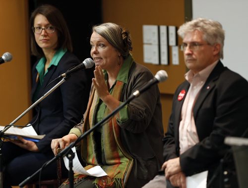 Provencher area By- Election debate Otterburn in Providence College , with LtoR  , NDP Natalie  Courcelles Beaudry , Green Party's  Janine Gibson   , Liberal's  Terry Hayward ,  not attending was PC candidate Ted Falk Äì Mary Agnes Welsh story - Nov. 20 2013 / KEN GIGLIOTTI / WINNIPEG FREE PRESS