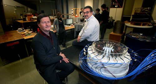 Stephen Pistorius (left) and Joe LoVetri pose in their U of M lab where they are researching and applying cell phone technology in breast cancer diagnosis. See Nick Martin's story.  November 20, 2013 - (Phil Hossack / Winnipeg Free Press)