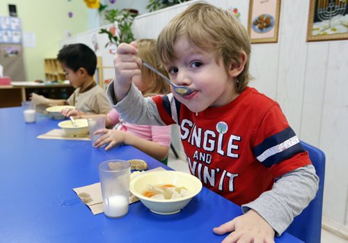 Cooper age 3 enjoys soup - Life Nutrition - Aleph-Bet Daycare, 1007 Sinclair Street.  STORY SUBJECT: Daycare nutrition programs and their mandate to follow Canada's Food Guide. PHOTO SUGGESTION:  kids eating nutritious foods during their lunch break. EDITOR NOTE FYI...This daycare (Aleph-Bet) is not connected to the fine and nutrition controversy.¬ REPORTER: Shamona Harnett.   Monday Life Front.¬ Nov. 22 2013 / KEN GIGLIOTTI / WINNIPEG FREE PRESS