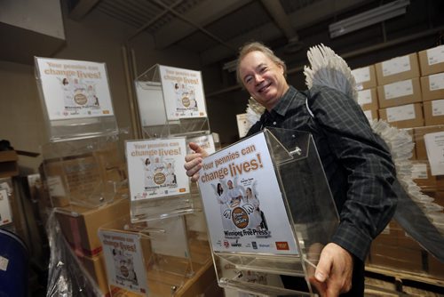 Keven Rollason Pennies From Heaven Campaign  begins for the 2013 holiday season , seen with empty coin bins  ready to be distributed for donations . Nov. 22 2013 / KEN GIGLIOTTI / WINNIPEG FREE PRESS