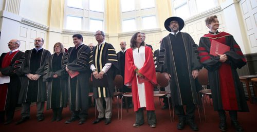 Ani DiFranco (in red) at U of W receiving an honorary doctorate Friday afternoon. See release/story.  November 22, 2013 - (Phil Hossack / Winnipeg Free Press)