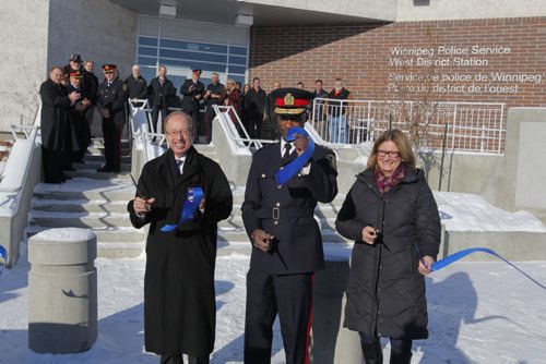 Grand opening of the new West District Police Station. Sam Katz, police Chief Devon Clunis, and Paula Havixbeck, Winnipeg City Councillor for Charleswood, Tuxedo and Whyte Ridge cut the ribbon. West District Police Station, 2321 Grant Avenue. BORIS MINKEVICH / WINNIPEG FREE PRESS  November 22, 2013