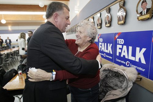 November 25, 2013 - 131125  - Conservative Ted Falk greets his mother Jessie at his Steinbach headquarters after winning the Provencher byelection Monday, November 25, 2013. John Woods / Winnipeg Free Press