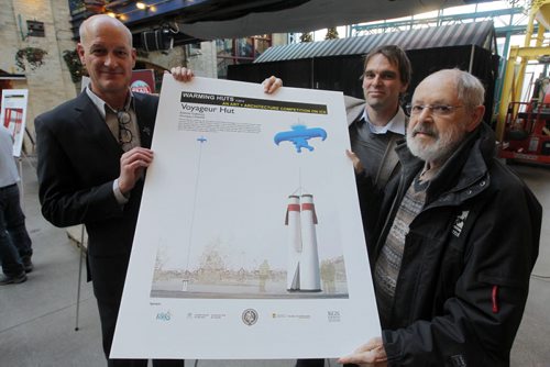 The Forks announces Six New Warming Huts. Event took place in the Forks Market Centre Court. Warming Huts v.2014: An Art and Architecture competition. Forks COO Paul Jordan, Architect Peter Hargraves, and  Etienne Gaboury in photo. The drawings are for Gaboury's winning design.  BORIS MINKEVICH / WINNIPEG FREE PRESS  November 26, 2013