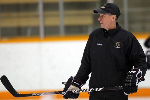 University of Manitoba Bisons mens hockey team practice. U of M. Coach Mike Sirant. BORIS MINKEVICH / WINNIPEG FREE PRESS  November 26, 2013