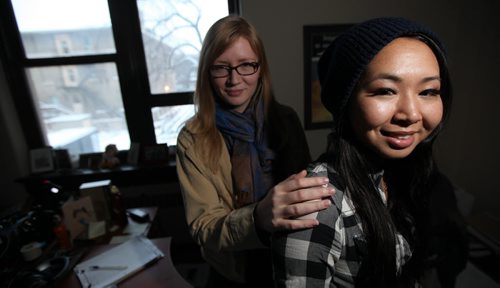 Afghan refugee Zahra Rezaie (right) and Allison Penner  Zahra is telling her story to Penner whos running an oral history project focusing on the personal stories of post-9-11 Afghan refugees (FOR SANDERS STORY RUNNING THURS) November 27, 2013 - (Phil Hossack / Winnipeg Free Press)