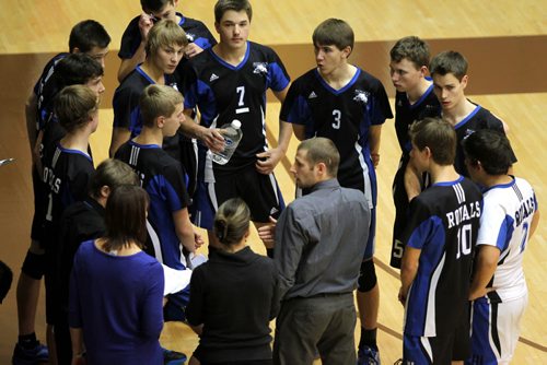 Manitoba Highschool AAAA boys volleyball semi finals. Lord Selkirk Royals vs. MBCI Hawks. Royals coach Jeff Scarcello pumps up the team during a time out. BORIS MINKEVICH / WINNIPEG FREE PRESS  November 27, 2013