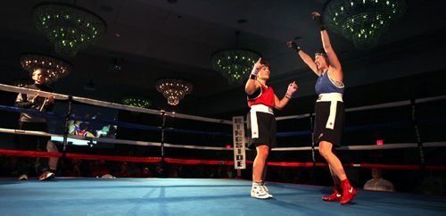 EVERYBODY WINS- Andrea (The Hammer) Thornton (right) celebrates her split desicion win with her opponent Lisa (BadaBoom) Cefali after three rounds at "The Clean Fight"  a fund raiser for clean water.  WINNIPEG, CANADA.¤Over only 86 intense training days, 14 Winnipeg women challenged themselves to learn to box and fundraise $5000 each, all while bringing awareness of and support for¤the issue of affordable sanitation in areas of the world experiencing extreme poverty. ITC Boxing Club, led by retired Professional Boxer and former Irish Amateur National Champion, Mark Riggs, is the host boxing club for this event organized by¤iDE Canada. Find out more about the event and all the boxers on line at¤www.thecleanfight.ca. ~ Weighs-Ins are at 4:00 pm. Bouts start at 7:00 pm. Tickets may still be available. Radisson Downtown Winnipeg. 11th Floor.  November 28, 2013 - (Phil Hossack / Winnipeg Free Press)