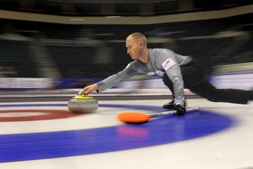 Brad Jacobs practices with his team at MTS Centre Saturday morning for TIm Hortons Roar of the Rings Canadian Curling Trials which starts Sunday at MTS Centre.   Nov 30, 2013 Ruth Bonneville / Winnipeg Free Press
